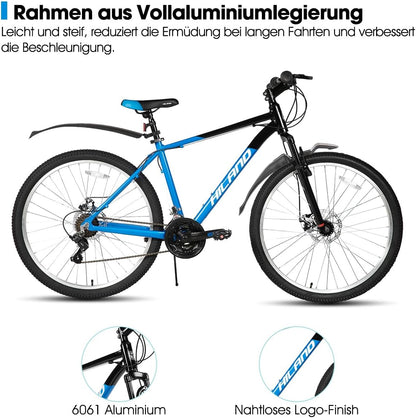 Hiland Mountainbike, 27,5 inch, 18 versnellingen, verende vork, aluminium frame, schijfrem voor mannen en vrouwen, MTB, blauwe fiets