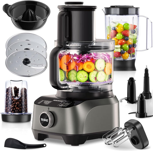 YASHE Multifunctionele keukenmachine, 2,5 l kom en 1,5 l mixer, mixer, grinder, sapcentrifuge, deegbereider, snijder en raspler, 3 snelheden + impuls, veiligheidssluiting, 1300 W
