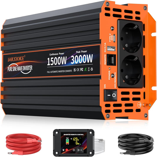 1500W Zuivere Sinus Omvormer 12V Naar 230V – Spanningsomvormer – Stroomomvormer – Inverter – Converter – 3000W Piekvermogen – LCD-Afstandsbediening Met 4,5 M Kabel