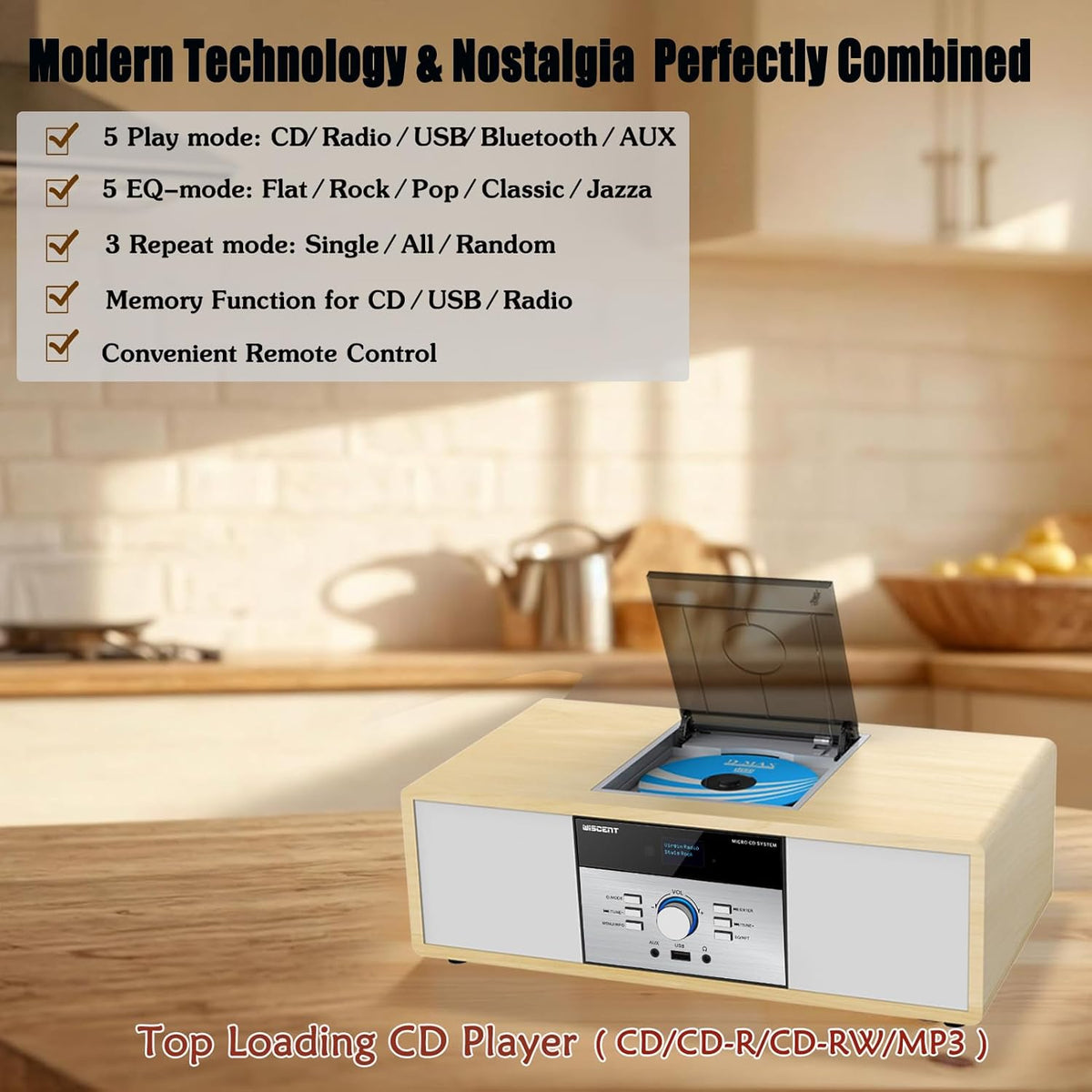 DAB-radio met CD-speler, vintage hifi-muzieksysteem van hout met Bluetooth, DAB+, FM-radio, AUX- en USB-ingang, afstandsbediening, compact radio en stereo-installatie