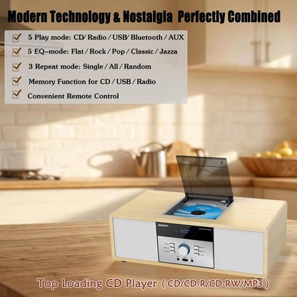 DAB-radio met CD-speler, vintage hifi-muzieksysteem van hout met Bluetooth, DAB+, FM-radio, AUX- en USB-ingang, afstandsbediening, compact radio en stereo-installatie