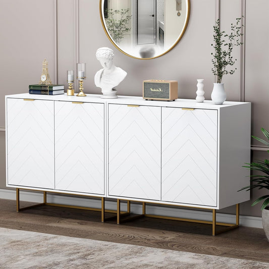 Dressoir – Opbergkast – Ladekast – Buffetkast – Wandkast – Scandinavisch Design – Verstelbare Plank 3 Posities – 80x40x77,5 cm Wit – Goudkleurige Metalen Pootjes