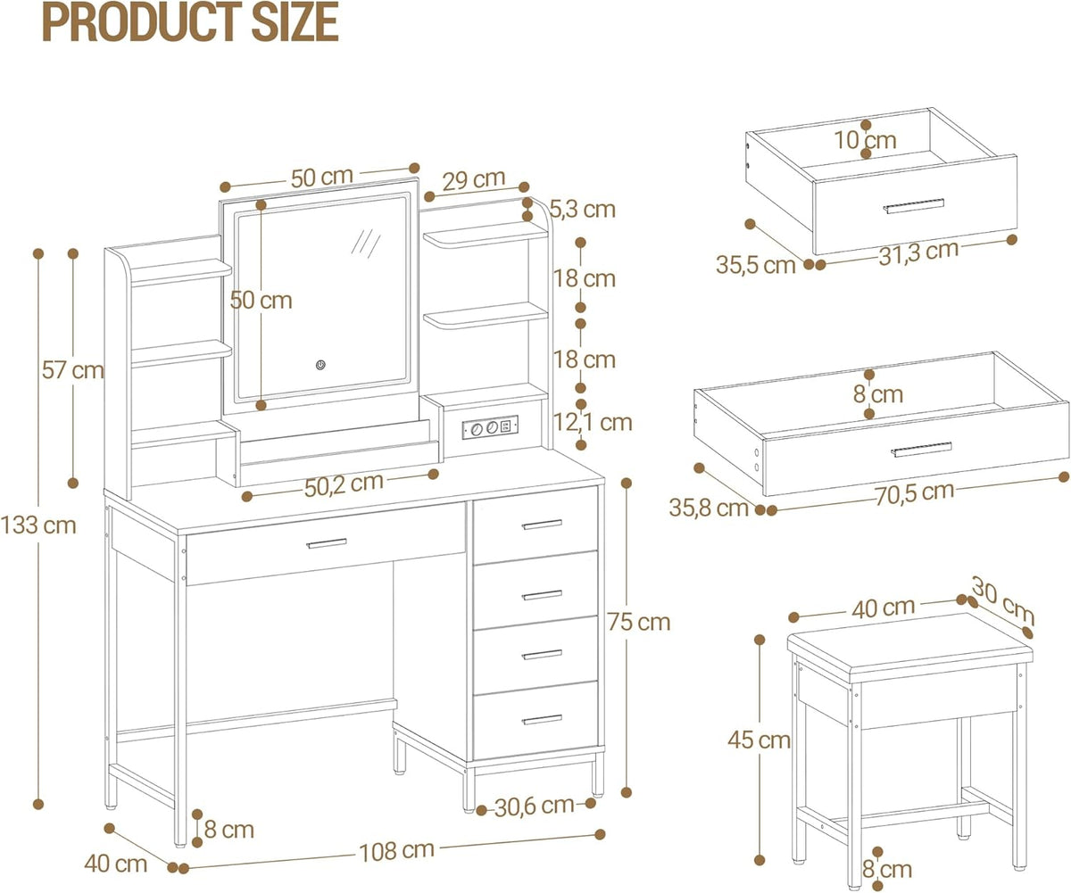 Hzuaneri Dressing Table, Soft Stool, HD Mirror and Adjustable Led Lights, Socket and Usb, 5 Drawers, Open Storage Compartment, White DT35103W