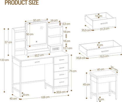 Hzuaneri Dressing Table, Soft Stool, HD Mirror and Adjustable Led Lights, Socket and Usb, 5 Drawers, Open Storage Compartment, White DT35103W