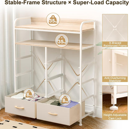 Ladekast – Dressoir – Opbergkast – Kledingkast – Kastje – 8 Stoffen Lades – Metalen Frame – 2-Laags Houten Bovenblad – Beige