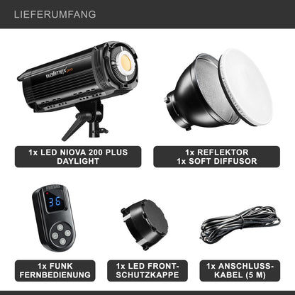 Walimex pro Niova 200 Plus Daglicht dimbare LED videolamp met Bowens reflector & zachte diffuser I Studiolamp met COB LED technologie I 5600 K, CRI=93 I Lichtsterkte instelbaar van 10-100%