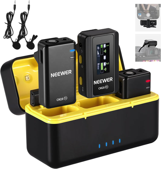 NEEWER CM28 Draadloos Lavalier microfoonsysteem met oplaadetui, 2 microfoonclips, 1 klik ruisonderdrukking, 4 GB geheugen, 9 uur speeltijd, microfoon compatibel met iPhone/Android/PC/camera/iPad
