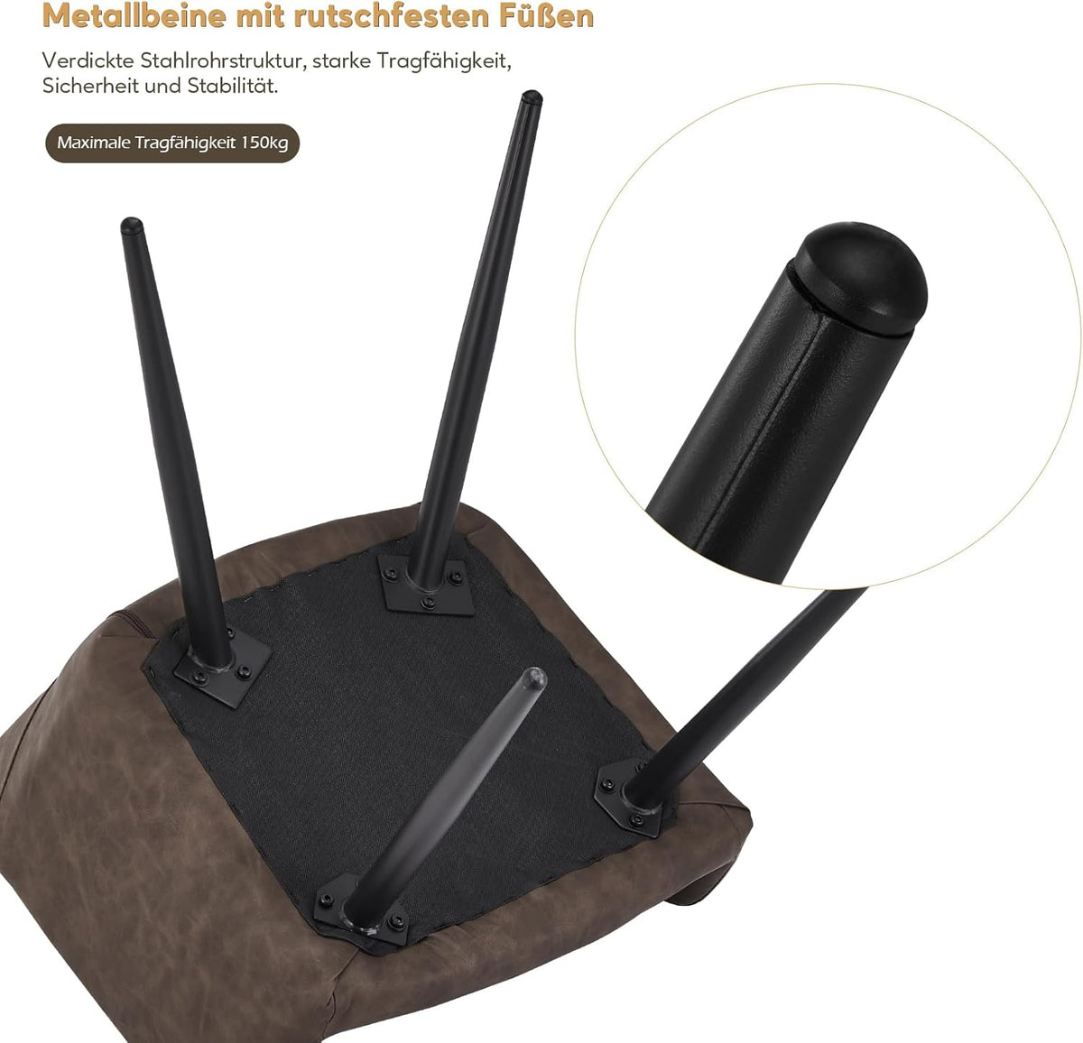TUKAILAI Set van 2 kunstleren eetkamerstoelen, gestoffeerd, met open rugleuning, armleuningen, gevoerde zitting, metalen poten, stoelen voor woonkamer, eetkamer, keuken, bruin - QUORE
