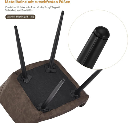 TUKAILAI Set van 2 kunstleren eetkamerstoelen, gestoffeerd, met open rugleuning, armleuningen, gevoerde zitting, metalen poten, stoelen voor woonkamer, eetkamer, keuken, bruin - QUORE