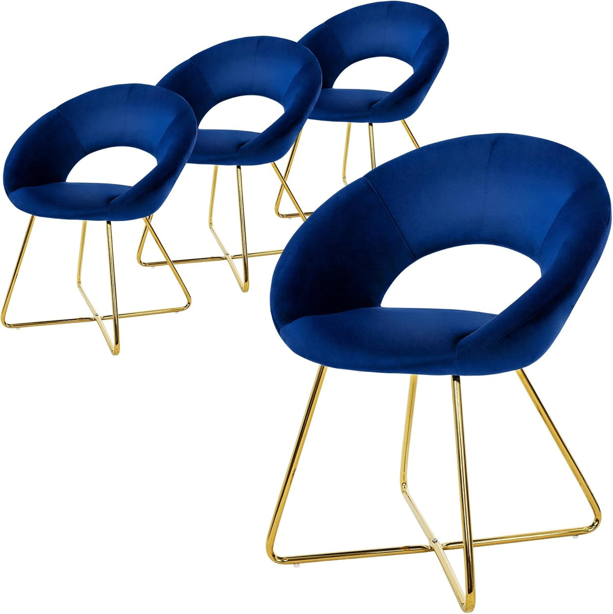 Eetkamerstoelen – Stoelen – Bureaustoelen – Velvet Stoelen – Armstoelen – Set Van 4 Blauw – Luxe Fluwelen Bekleding – Goud Metalen Frame