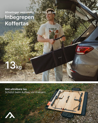 qeedo Kimmy L, Campingtafel met Bamboe Tafelblad, 110 x 110 cm, Hoogte Verstelbaar