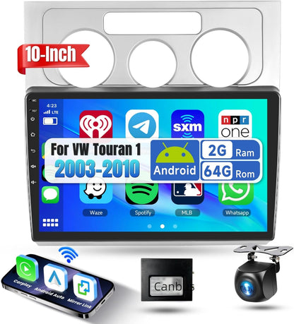 2G & 64G Podofo 10.1 '' Autoradio voor VW Touran 1 2003-2010 Draadloos Carplay Android Auto, Android 13 Radio 2 Din met Bluetooth WiFi GPS HiFi RDS/FM + AHD Achteruitrijcamera/Canbus