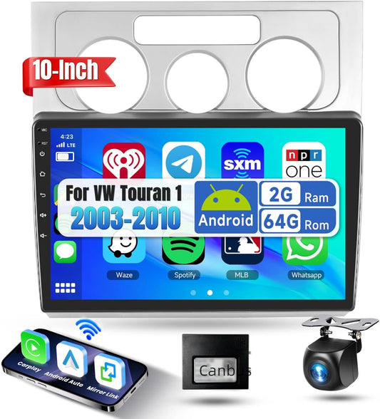 2G & 64G Podofo 10.1 '' Autoradio voor VW Touran 1 2003-2010 Draadloos Carplay Android Auto, Android 13 Radio 2 Din met Bluetooth WiFi GPS HiFi RDS/FM + AHD Achteruitrijcamera/Canbus