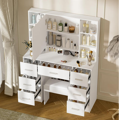Large Dressing Table with Lights and Stool, 3 Colour Temperatures and Adjustable Brightness, Dressing Table with Mirror for Makeup, Makeup Table with 7 Drawers, Modern, White - QUORE