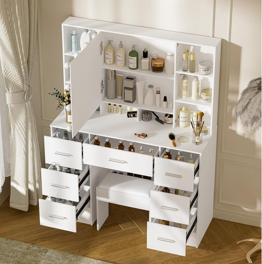 Large Dressing Table with Lights and Stool, 3 Colour Temperatures and Adjustable Brightness, Dressing Table with Mirror for Makeup, Makeup Table with 7 Drawers, Modern, White - QUORE
