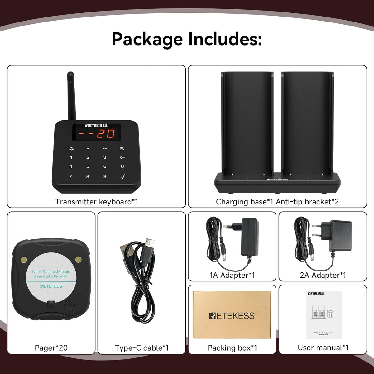 Retekess TD186 Restaurant Pager System, Buzzers For Restaurants, Range 600M, Anti-Dumping Design, One-Button Mute, 64 Prompt Modes, 20 Pagers For Food Trucks, Hotels, Churches, Bars - QUORE