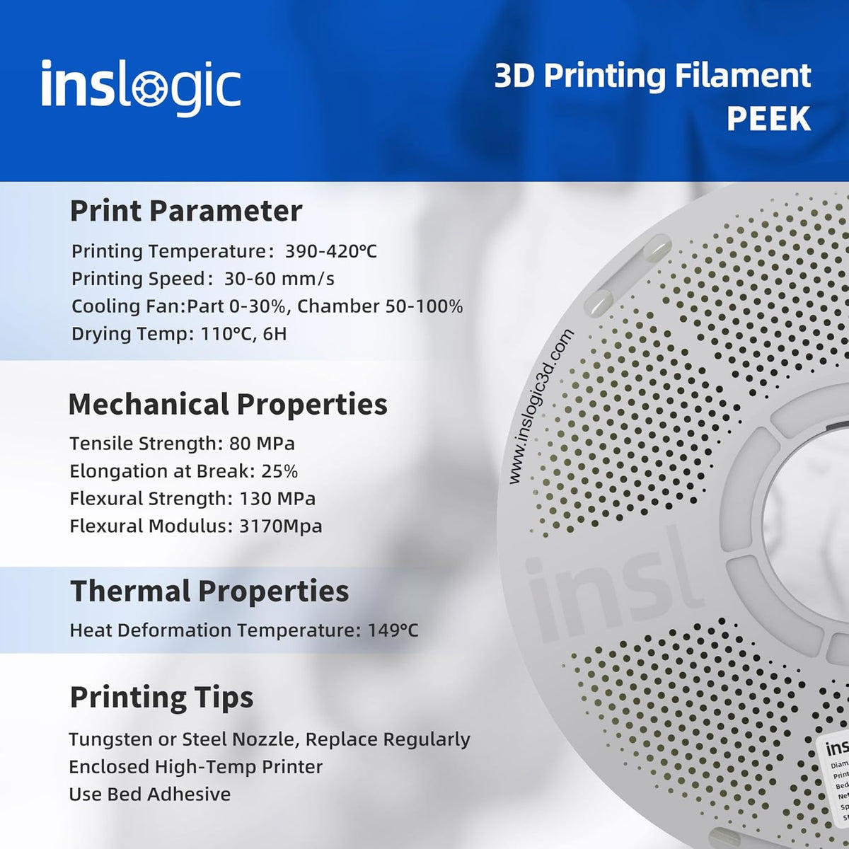 PEEK Filament – 3D Printer Filament – 3D Printmateriaal – Hittebestendig Filament – Vlamvertragend Filament – 1,75 mm Diameter – UL94 V-0 Gecertificeerd – Hoogsterkte en Hittestandvast