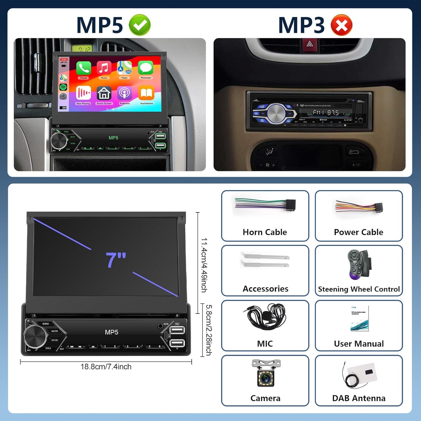 Dutch Brand Draadloze Carplay autoradio 1 Din met DAB+/DAB adapter voor Android Auto 7 inch uitschuifbaar scherm met Mirror Link, Bluetooth, FM- en USB-radio, AUX stuurbediening en achteruitrijcamera