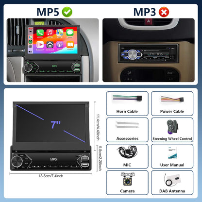 Dutch Brand Draadloze Carplay autoradio 1 Din met DAB+/DAB adapter voor Android Auto 7 inch uitschuifbaar scherm met Mirror Link, Bluetooth, FM- en USB-radio, AUX stuurbediening en achteruitrijcamera