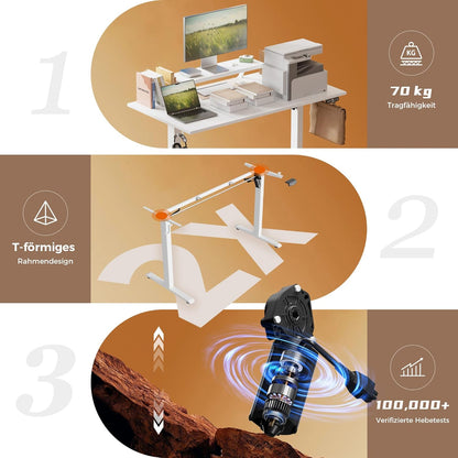 Klicelor In hoogte verstelbaar bureau met beweegbare monitorstandaard, 140x60cm, Zit-Sta bureaux met 2 geheugenknoppen, 3-delige tafelblad, Computertafel, Wit