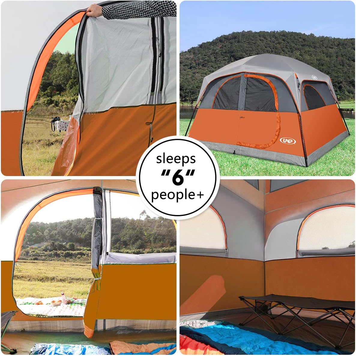 UNP Tenten voor 6 personen, waterdicht, winddicht, eenvoudige montage, dubbellaagse familie-campingtent met 1 netdeur en 5 grote netramen, 3 m x 2,9 m x 2,9 cm x 2,9 cm (H)