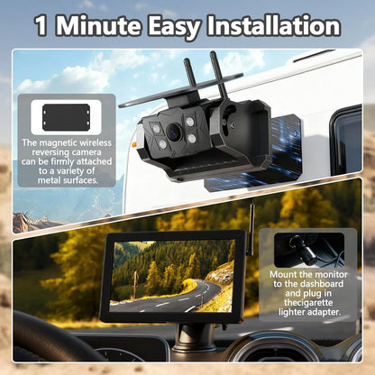 Draadloze achteruitrijcamera op zonne-energie, magnetische achteruitrijcamera draadloos VASTEND 7'' 1080P touchscreen IPS-monitor, 9600mAh accu, 1 minuut installatie, IP69 waterdicht