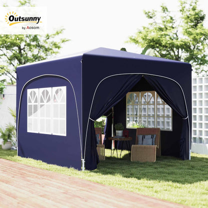 Outsunny Pavillon 3x3m, wasserabweisend Stabil Winterfest Pop-up Faltpavillon, UV Schutz 50+, Faltbar Partyzelt Gartenzelt mit 4 Seitenteilen Tasche Gartenpavillon für Camping Garten, Dunkelblau - QUORE