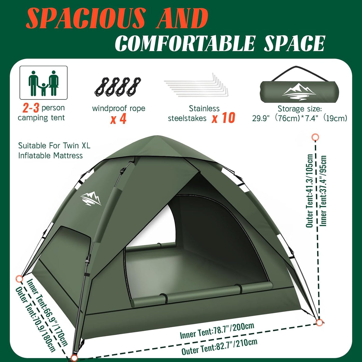 Purebox Campingtenten, Instant pop-up tent voor 2-3 personen, 2-in-1 dubbellaagse tenten, waterdichte en winddichte koepeltent met afneembaar buitentzeil, geschikt voor wandelen, buitenactiviteiten,