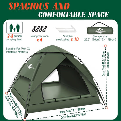 Purebox Campingtenten, Instant pop-up tent voor 2-3 personen, 2-in-1 dubbellaagse tenten, waterdichte en winddichte koepeltent met afneembaar buitentzeil, geschikt voor wandelen, buitenactiviteiten,