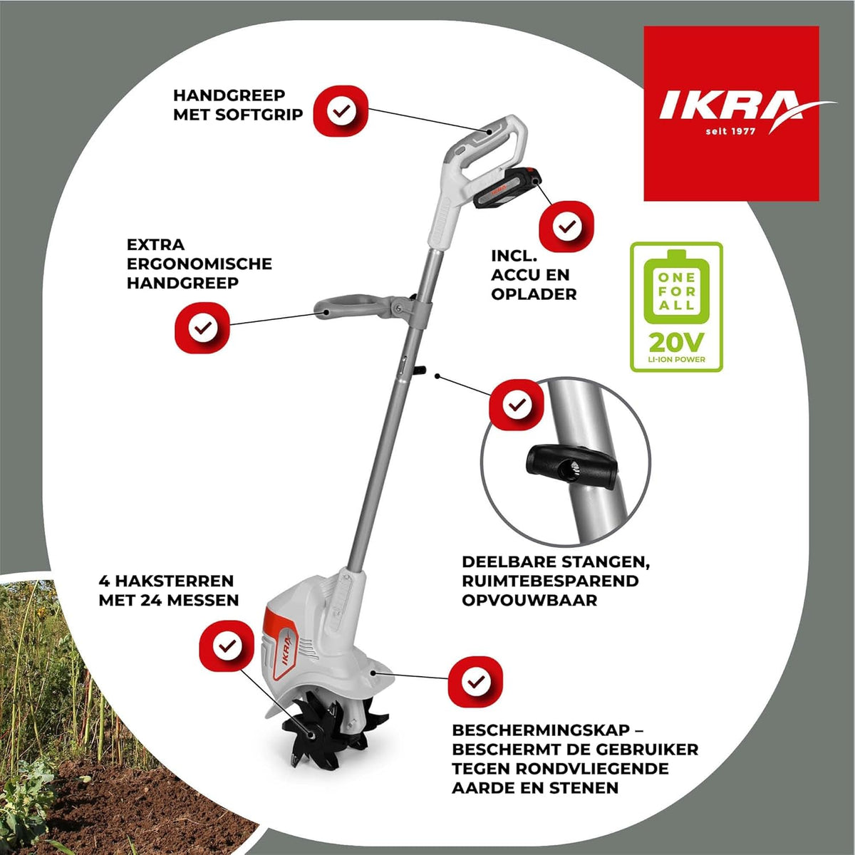 IKRA Snoerloze Grondfrees IAMH 20, werkbreedte 19cm, werkdiepte tot 15,5cm, looptijd max. 30 minuten, incl. accu & lader