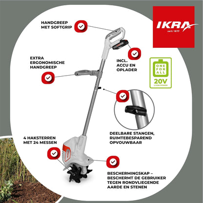 IKRA Snoerloze Grondfrees IAMH 20, werkbreedte 19cm, werkdiepte tot 15,5cm, looptijd max. 30 minuten, incl. accu & lader
