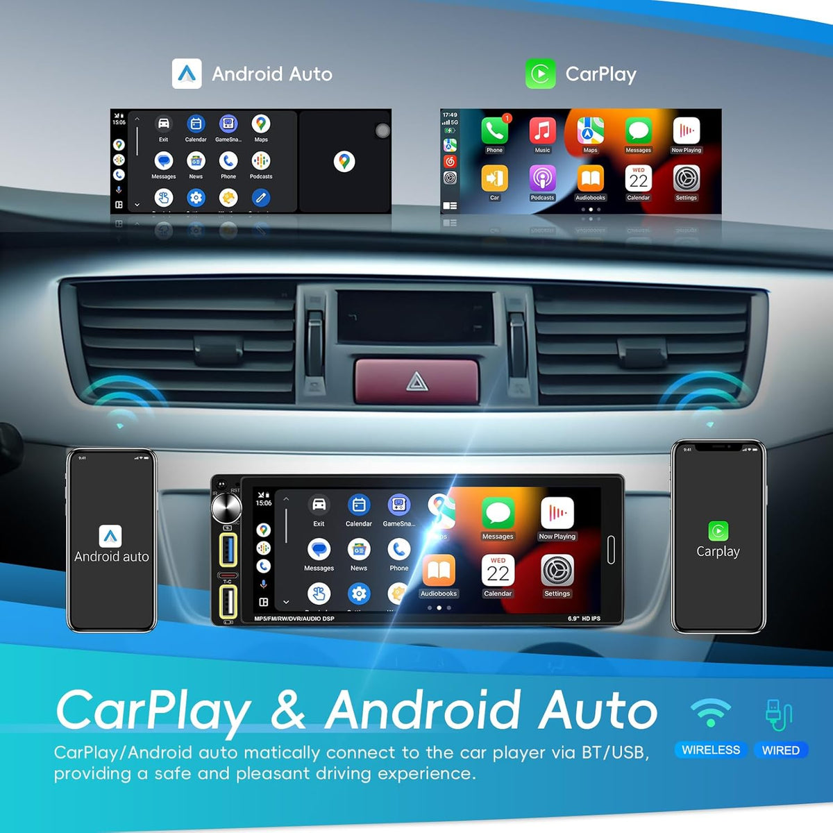 Hikity Autoradio met Scherm 1 Din Draadloze CarPlay Android Auto, 6,9 Inch HD Touch Screen Radio Bluetooth Handsfree Auto MP5 Speler met Achteruitrijcamera EQ FM SWC USB Type-C