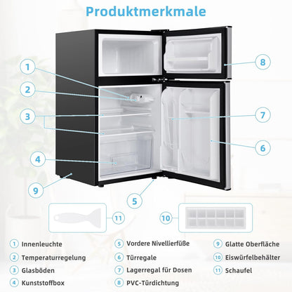 FANTASK 90 l vriezer met 27 l vriesvak, koel-vriescombinatie koelkast, mini-staande koelkast (grijs) [energieklasse E] - QUORE