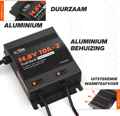 LiFePO4 Acculader – Batterijlader – Oplader – Lithium Acculader – 12V Accu Oplader – 2 Kanalen – IP67 Waterdicht – Anderson Aansluiting – LED-Display
