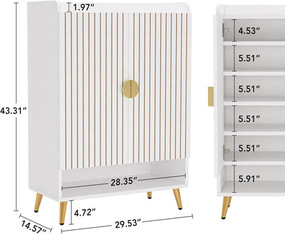 Tribesigns Shoe Cabinet with Doors, 6 Tier Shoe Storage Cabinet with Adjustable Shelves, Wooden Shoe Rack, Shoe Storage for Entrance, Hallway, Closet, Living Room, White and Gold