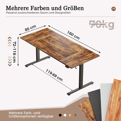 Klicelor elektrisch in hoogte verstelbaar bureau, 160 x 80 cm zit-sta bureaumeubel, computertafel met geheugenfunctie, sta-bureau, gametafel met vierdelig blad, Bruin