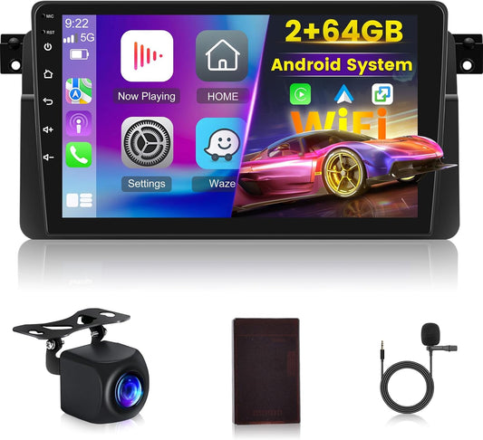 [2+64G]Android 13 Autoradio voor BMW E46 Series 3 1999-2005 met Wireless Carplay & Android Auto - 9 Inch Touchscreen Autoradio met WiFi GPS Mirror Link DSP FM/RDS Radio SWC + AHD Achteruitrijcamera