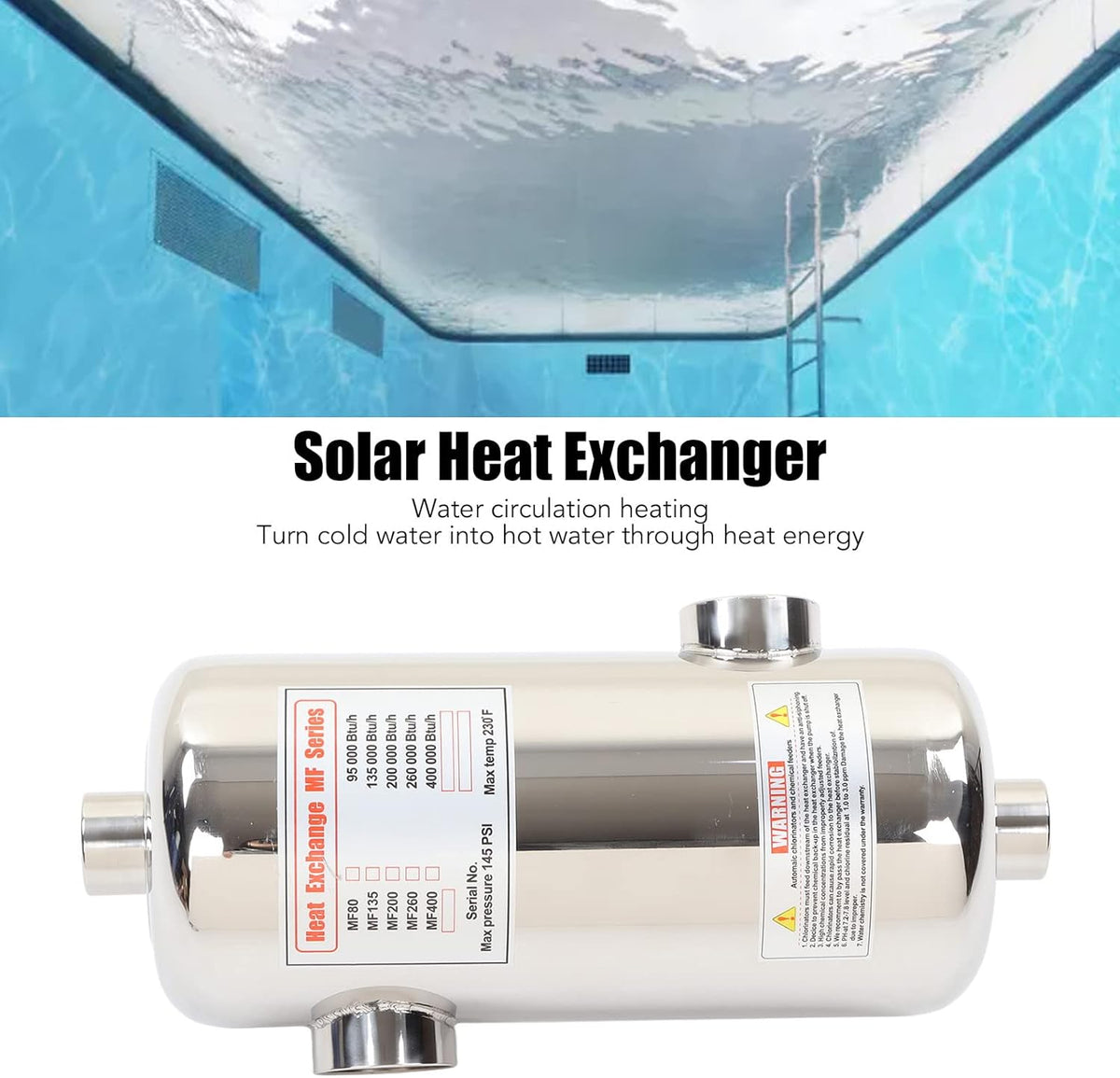 Warmtewisselaar voor Zwembad, 40KW Roestvrijstalen Buiswarmtewisselaar, Zoutwaterwarmtewisselaar voor Spa, Zwembad, Bubbelbad, Zwembadverwarming op Zonne-energie