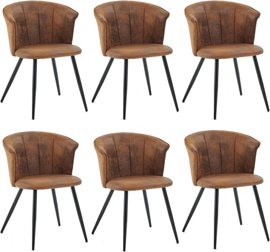 MEUBLE COSY Eetkamerstoelen, set van 6, keukenstoel, Scandinavische gestoffeerde stoel met armleuning, fluwelen metalen poten, bruin, 55x58x75,5cm