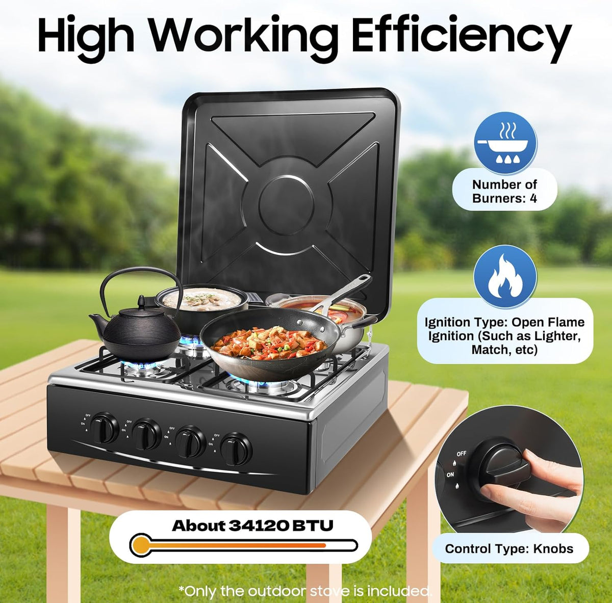 OUKANING 4-Flame Gas Stove Freestanding, Portable Outdoor / Indoor Gas Hob with Wind Protection and Dust Protection, Manual Flammable (Lpg/Ng), Non-Slip Feet and Heat Dissipation (Black) - QUORE