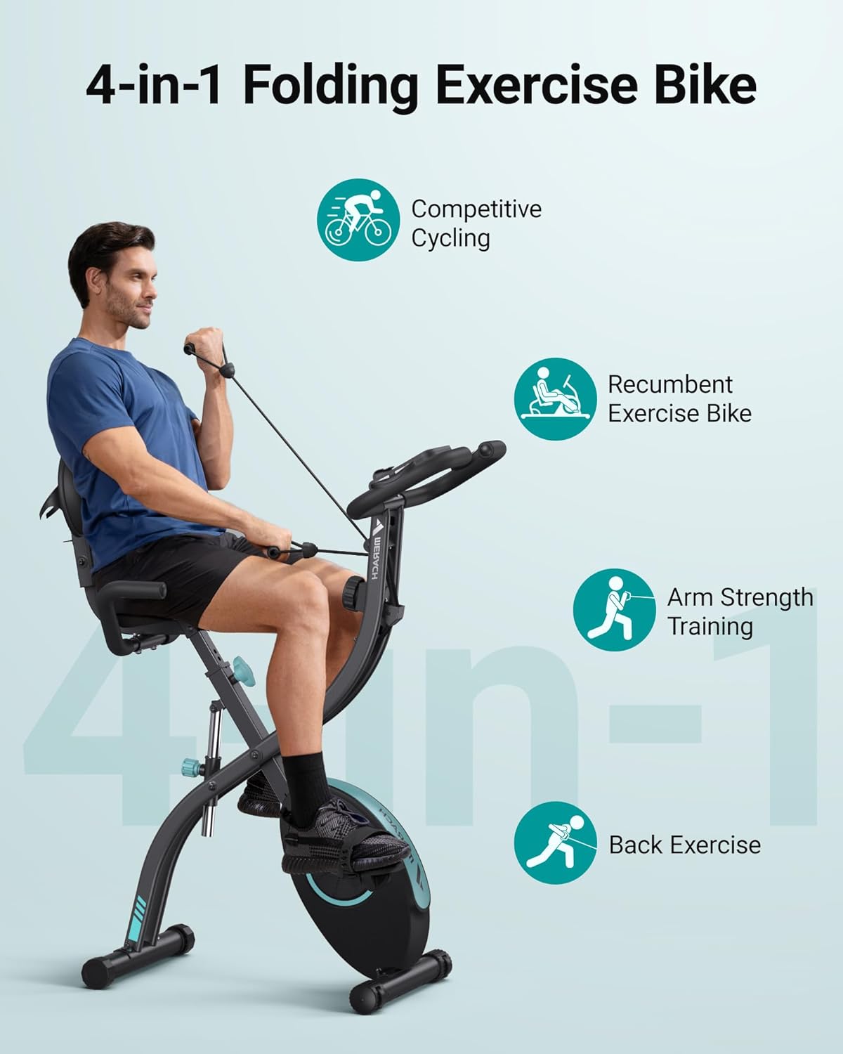 MERACH 4-in-1 hometrainer, fiets, inklapbaar, met lcd-monitor en hartslagmeting, magnetische ergometer, hometrainer met comfortabel zitkussen, fitnessfietsen voor thuis, ruimtebesparend