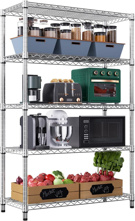 MZG Stalen Opslagrekken 5-Tier Utility Rekken Unit Stalen Organizer Draadrek voor Thuis, Keuken, Kantoor, Garage, 17,7 "D x 47,2 "B x 72,3 "H