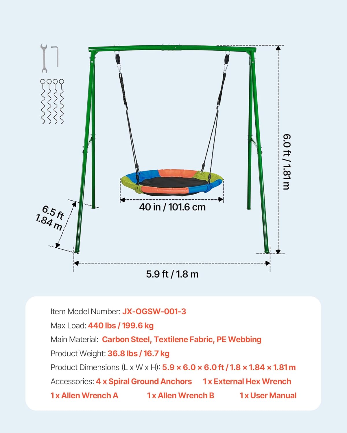 VEVOR Tuinschommel van metaal, A-vormig, voor kinderen, maximale belasting 199,6 kg, rond, diameter 101,6 cm, voor buiten, erf en park, groen en kleurrijk