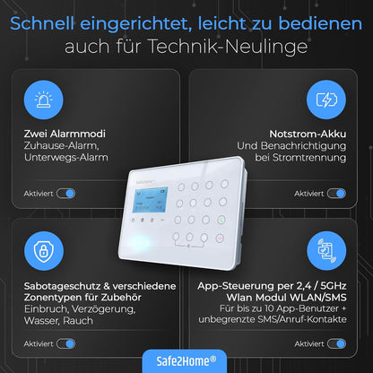 Safe2Home Draadloze alarminstallatieset met sabotagebeveiliging, draadloos smart home-alarmsysteem met app-bediening, wit