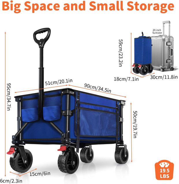 BELEEV Inklapbare Handwagen, Zware Klasse All-Terrain Handwagen met 6in Grote All-Terreinwielen, 130L Grote Capaciteit, Zijzakken & Drankhouders voor Strand Tuin Camping Sport Winkelen -Blue