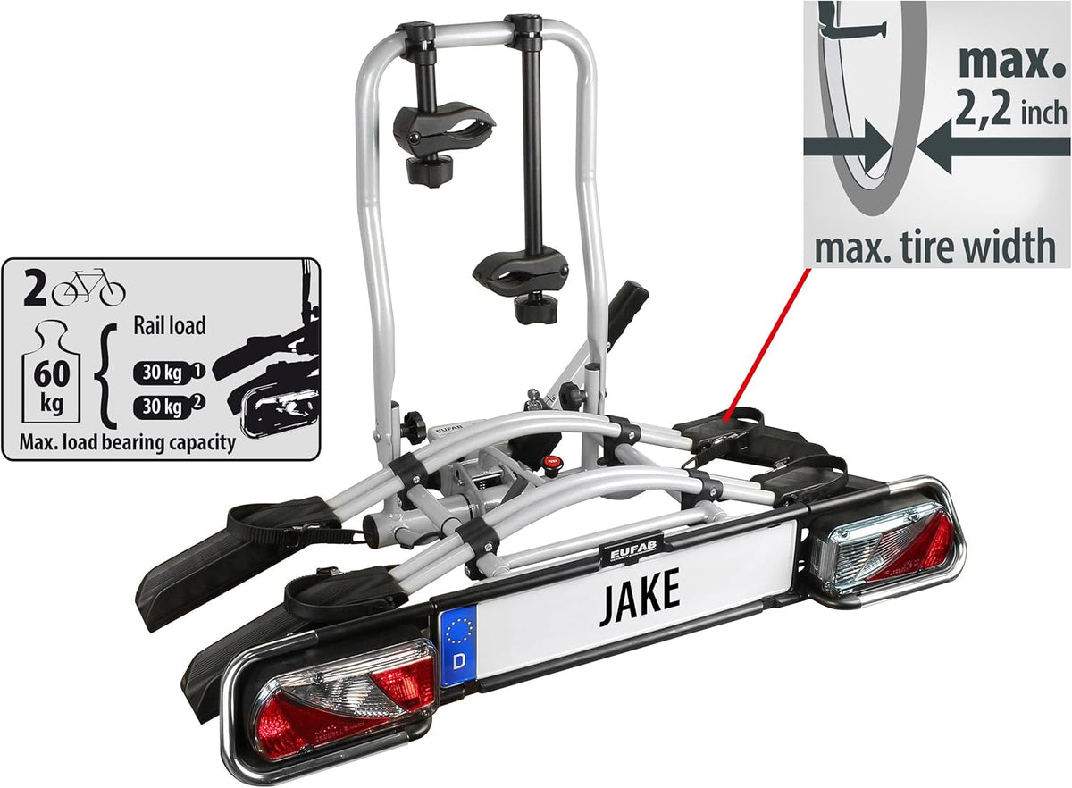 EUFAB 11510 JAKE Bicycle Rack for E-Bikes, Partly Pre-Assembled, Expandable, Anti-Theft Protection, for 2 Bikes, Towbar - QUORE