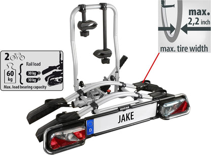 EUFAB 11510 JAKE Bicycle Rack for E-Bikes, Partly Pre-Assembled, Expandable, Anti-Theft Protection, for 2 Bikes, Towbar - QUORE