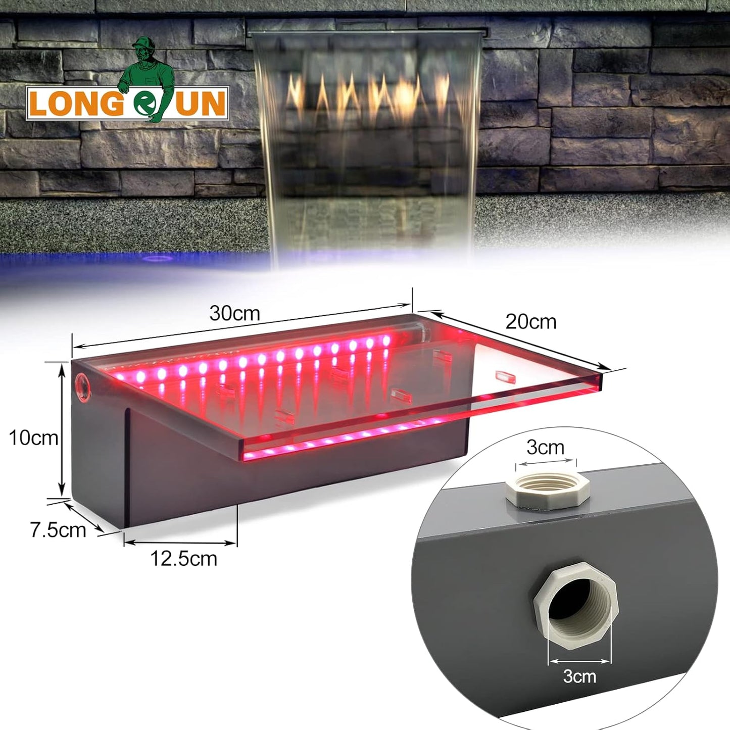 LONGRUN Zwembad Waterval Fontein, 30cm Vijver Watervallen Cascade, Acryl waterval Blad met 7 kleuren LED-licht, Compleet Waterval en Stroom Kits voor Buiten Tuin Vijver Zwembad Waterpartijen