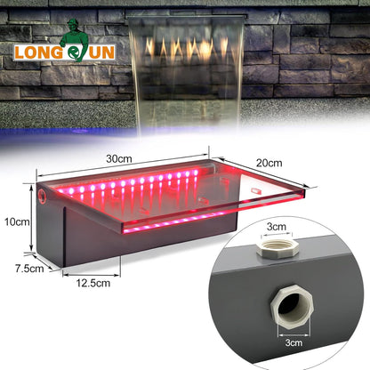 LONGRUN Zwembad Waterval Fontein, 30cm Vijver Watervallen Cascade, Acryl waterval Blad met 7 kleuren LED-licht, Compleet Waterval en Stroom Kits voor Buiten Tuin Vijver Zwembad Waterpartijen