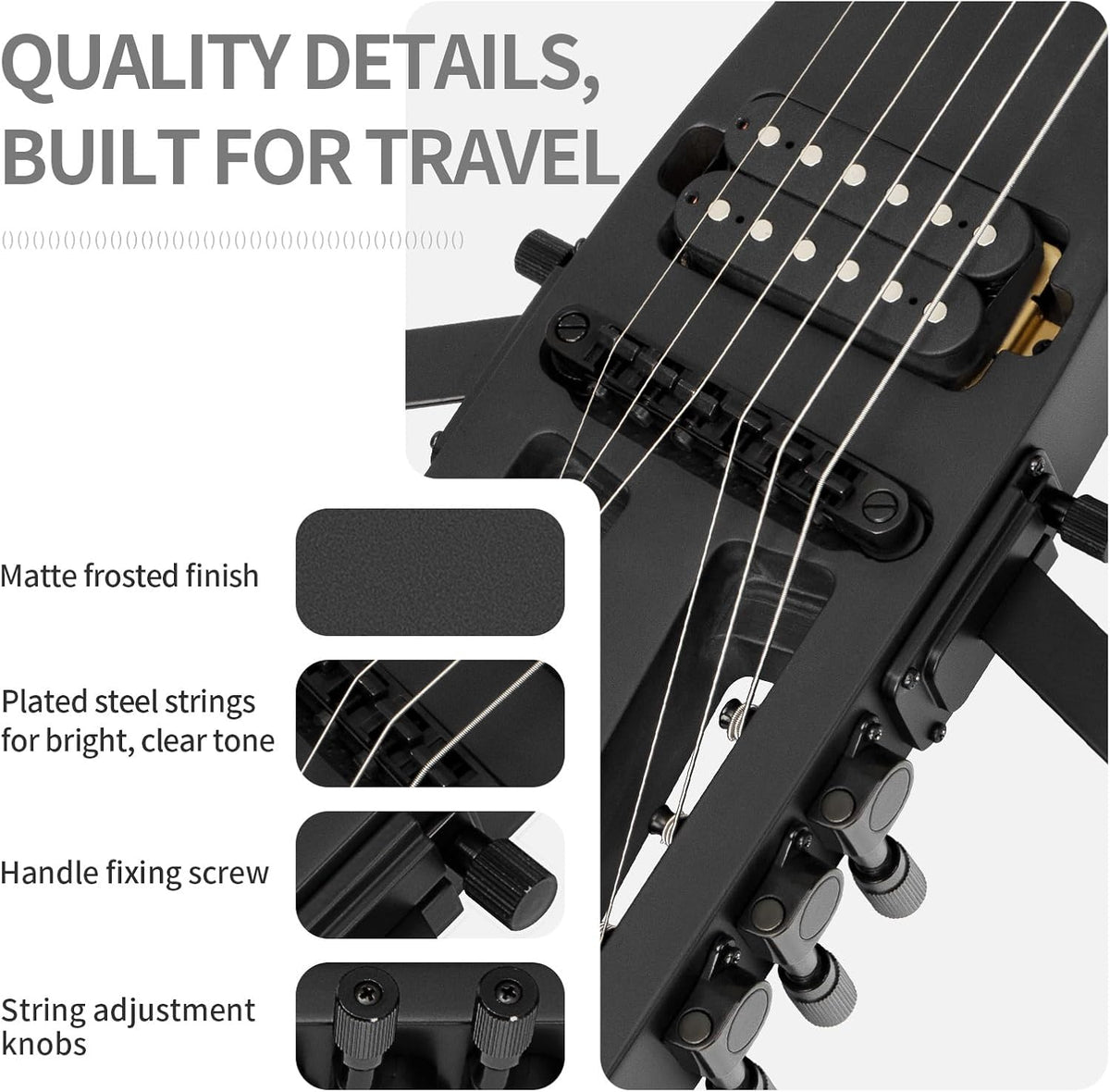 Anygig Reis-elektrische gitaar, ultralicht headless-design met 64 cm palissander-toets, compacte solidbody-oefengitaar met afneembare arm- en beensteunen, zwart